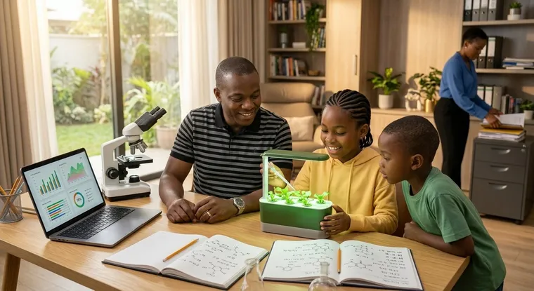 A father guiding his children through a science project at home
