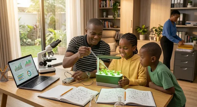Parents and children learning together around a home study table