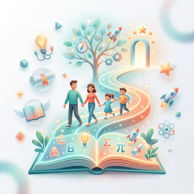 An illustrated family walking a glowing learning path rising out of an open book