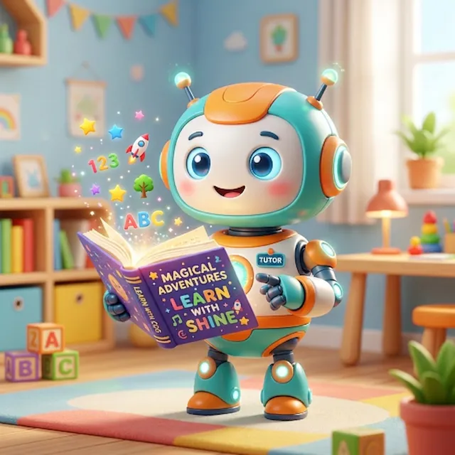 Shine, the friendly robot tutor, reading from a glowing book