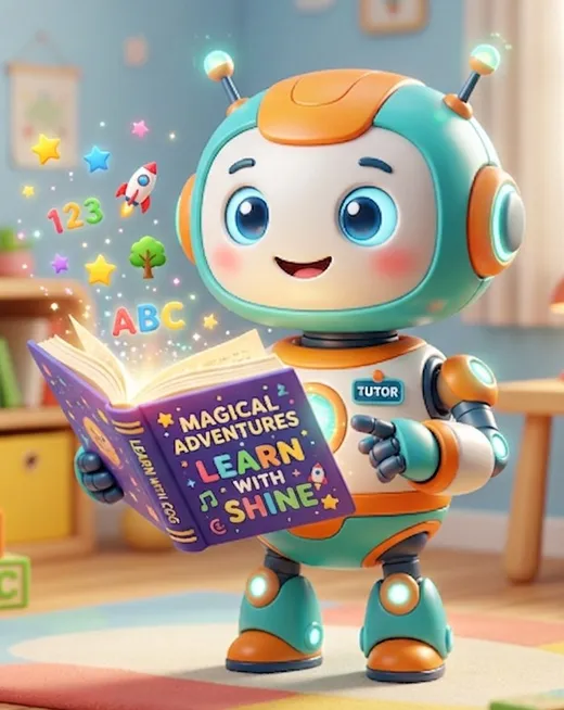 Shine, Sabi's friendly robot tutor, reading a glowing book